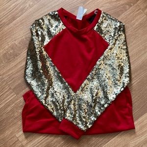 Red top with sequin sleeves